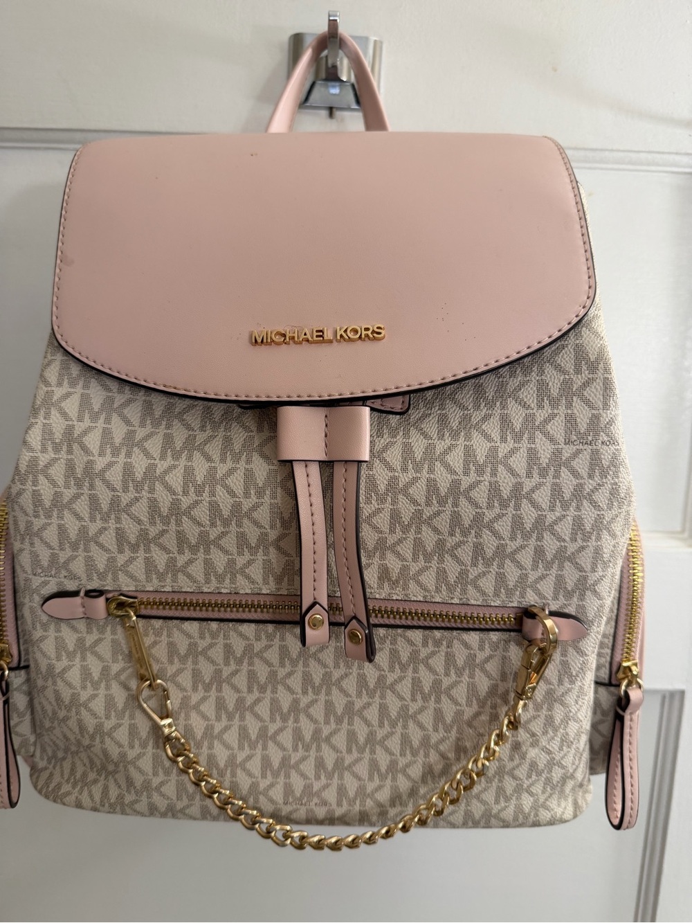 Michael Kors Pink and Beige Signature Logo Backpack with Gold Hardware